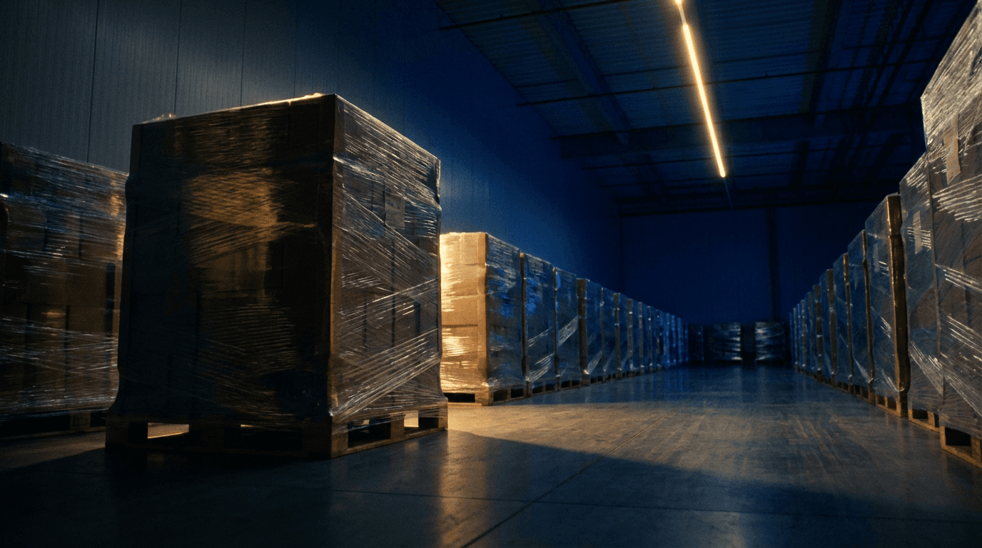 Industrial warehouse with palletized goods ready for stretch wrapping