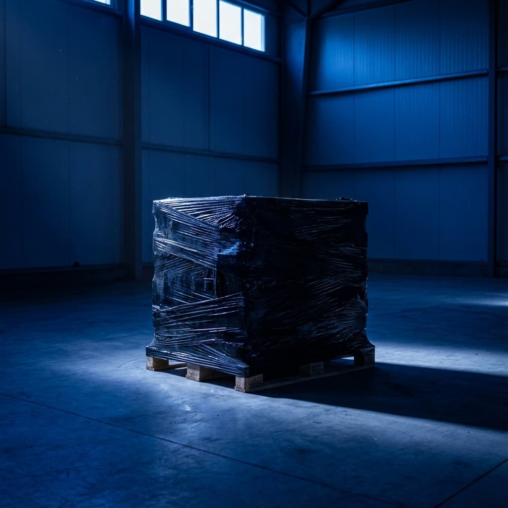 Black wrapped pallet in dark warehouse